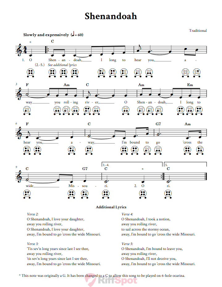 Shenandoah  6 Hole Ocarina Tab