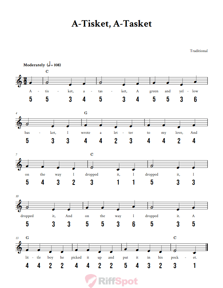 A-Tisket, A-Tasket Sheet Music and Tab for 8-Note Kalimba or Tongue Drum