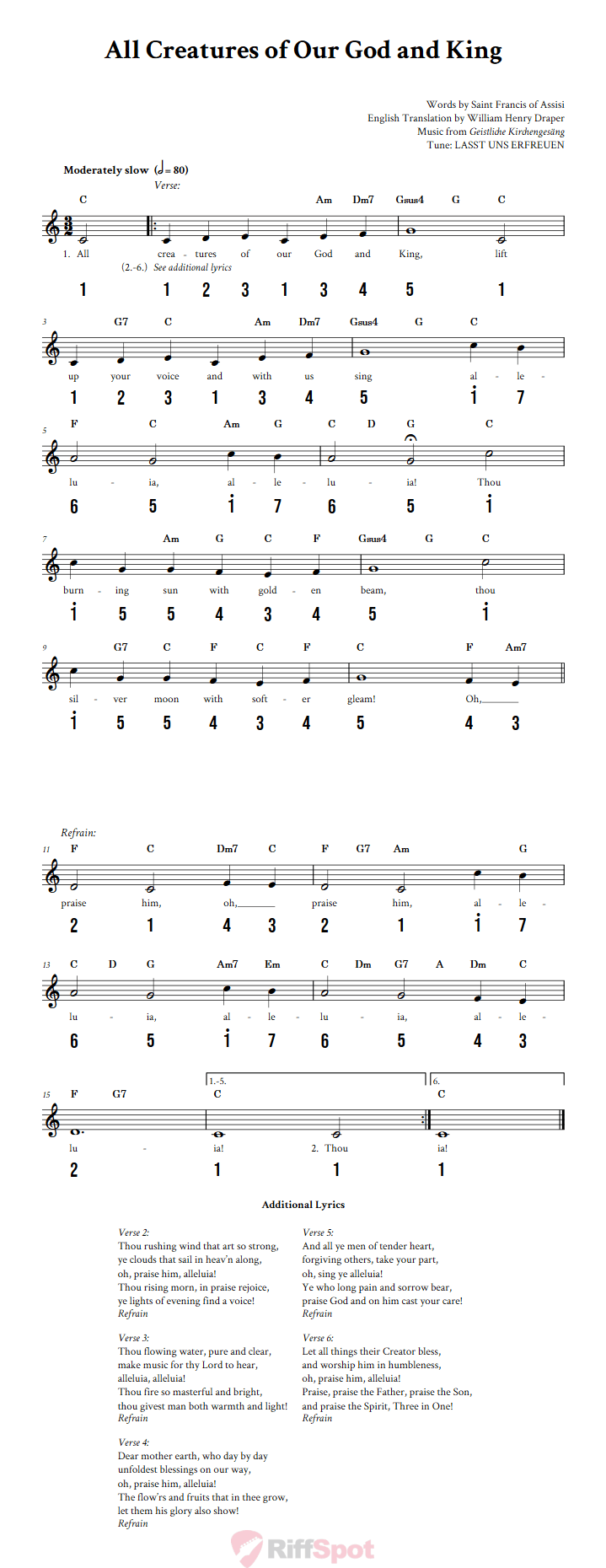 All Creatures of Our God and King Sheet Music and Tab for 8-Note Kalimba or Tongue Drum