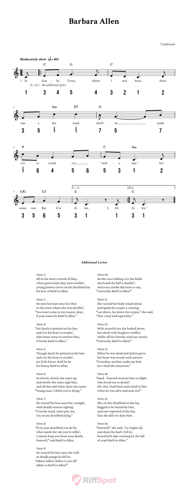 Barbara Allen Sheet Music and Tab for 8-Note Kalimba or Tongue Drum