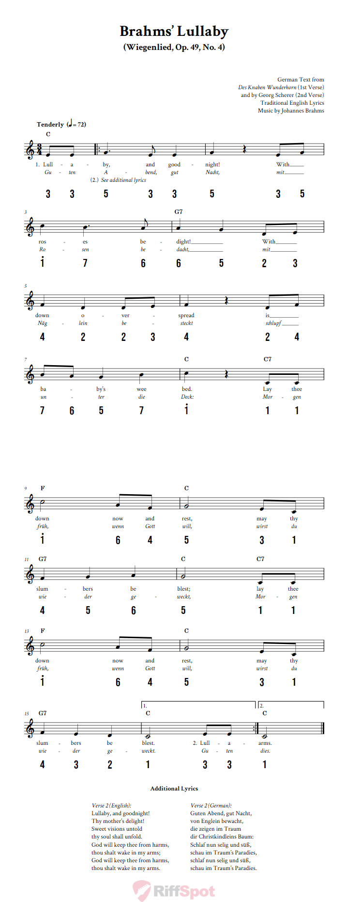 Brahms' Lullaby Sheet Music and Tab for 8-Note Kalimba or Tongue Drum