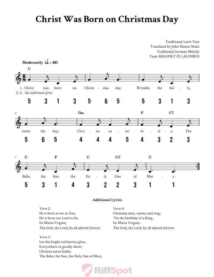 Christ Was Born on Christmas Day Sheet Music and Tab for 8-Note Kalimba or Tongue Drum