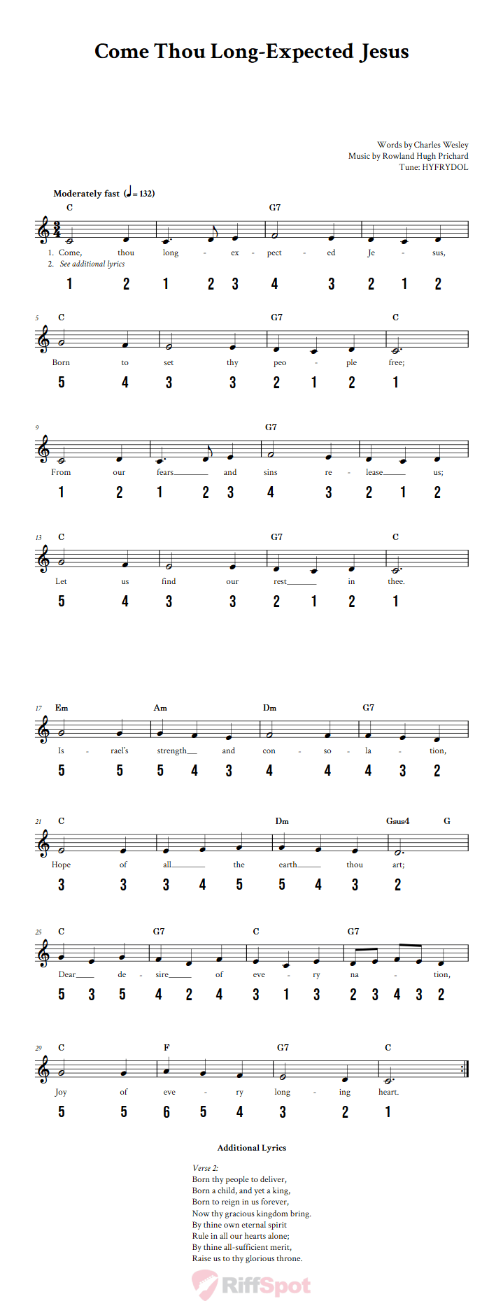 Come Thou Long-Expected Jesus Sheet Music and Tab for 8-Note Kalimba or Tongue Drum