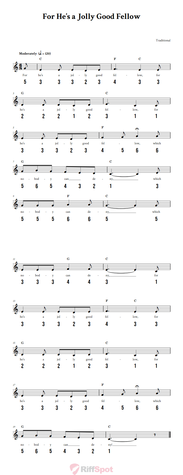 For He's a Jolly Good Fellow Sheet Music and Tab for 8-Note Kalimba or Tongue Drum