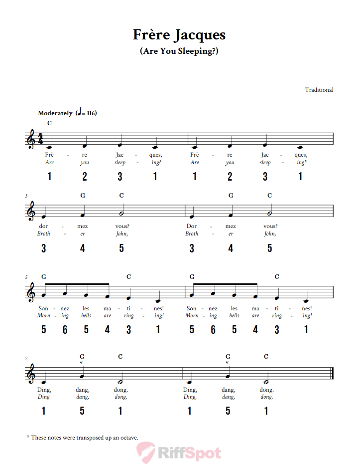 Frère Jacques Sheet Music and Tab for 8-Note Kalimba or Tongue Drum
