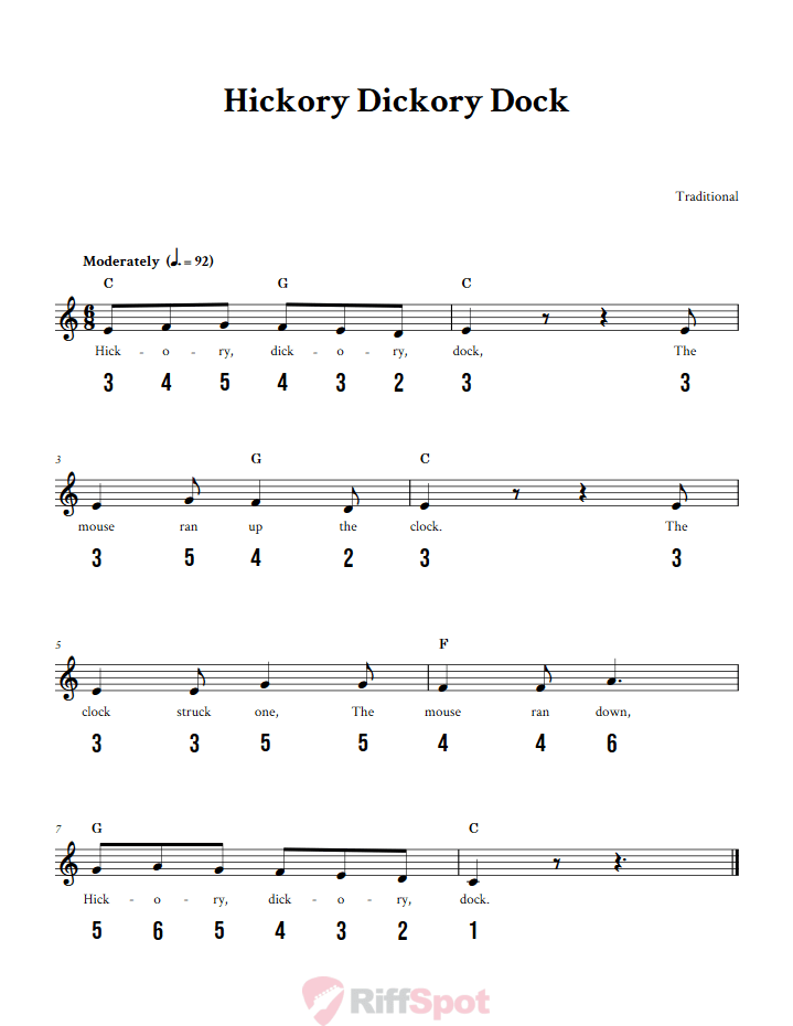 Hickory Dickory Dock Sheet Music and Tab for 8-Note Kalimba or Tongue Drum