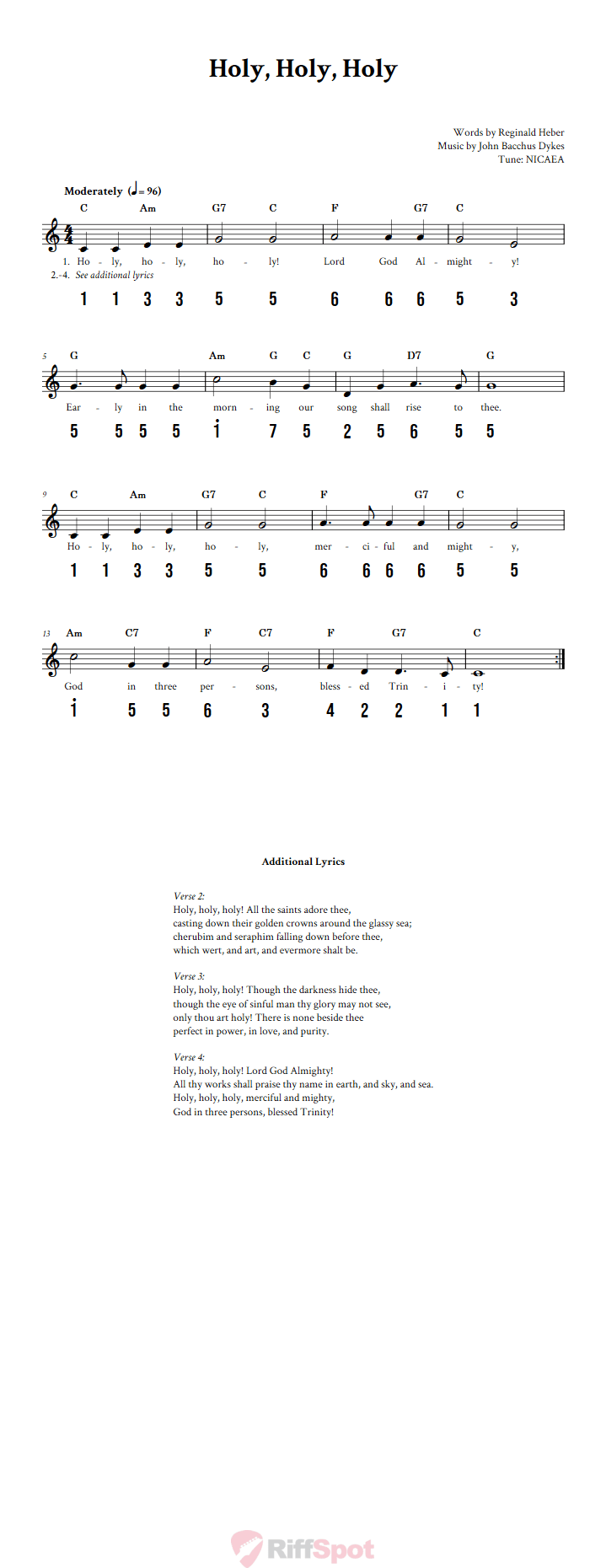 Holy, Holy, Holy Sheet Music and Tab for 8-Note Kalimba or Tongue Drum