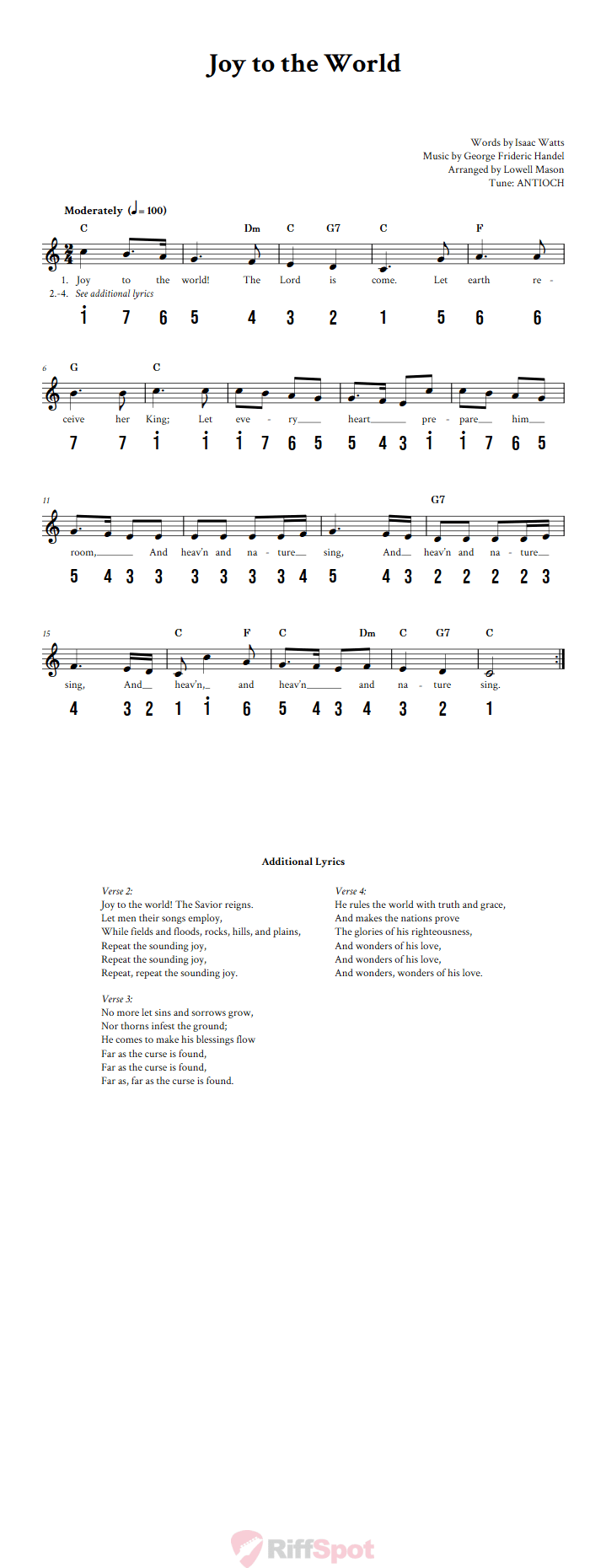 Joy to the World Sheet Music and Tab for 8-Note Kalimba or Tongue Drum
