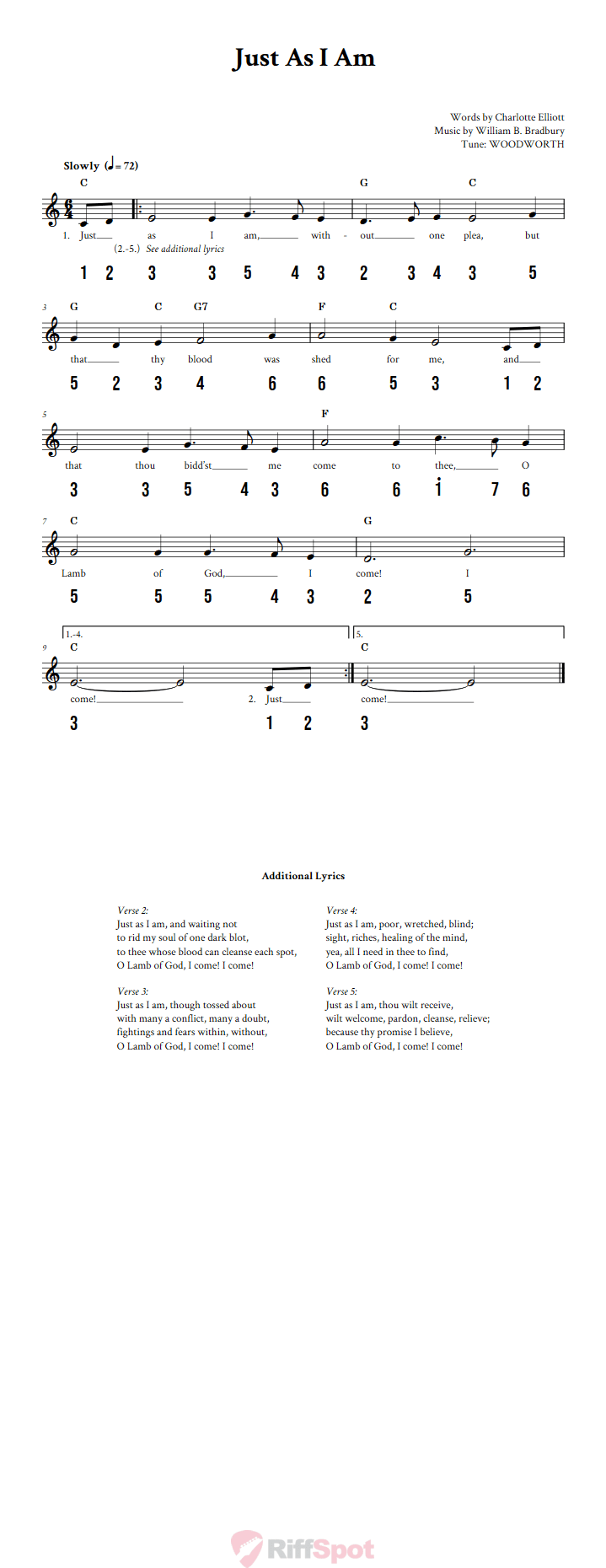 Just As I Am Sheet Music and Tab for 8-Note Kalimba or Tongue Drum