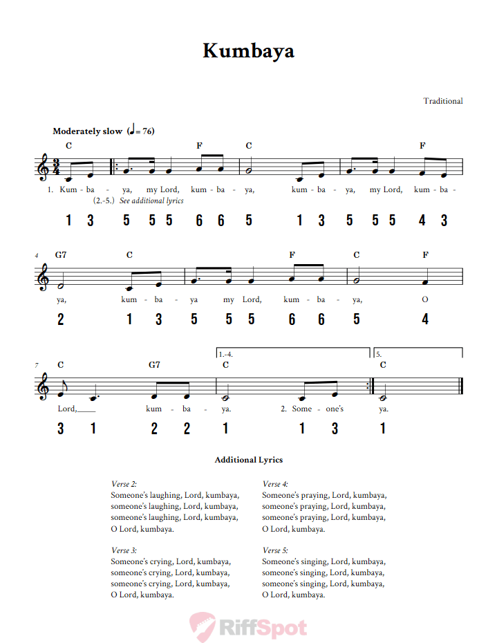 Kumbaya Sheet Music and Tab for 8-Note Kalimba or Tongue Drum