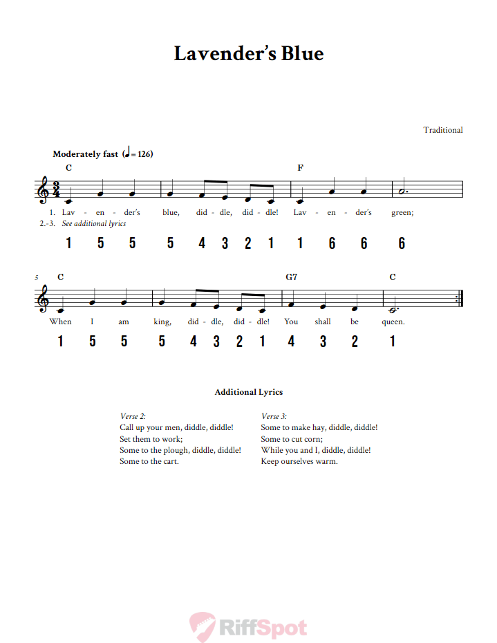 Lavender's Blue Sheet Music and Tab for 8-Note Kalimba or Tongue Drum