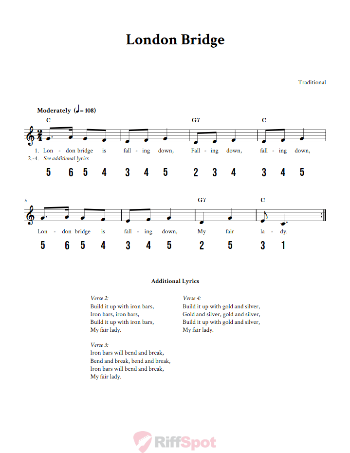 London Bridge Sheet Music and Tab for 8-Note Kalimba or Tongue Drum