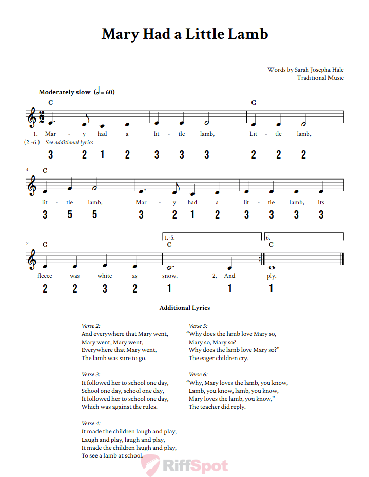 Mary Had a Little Lamb Sheet Music and Tab for 8-Note Kalimba or Tongue Drum