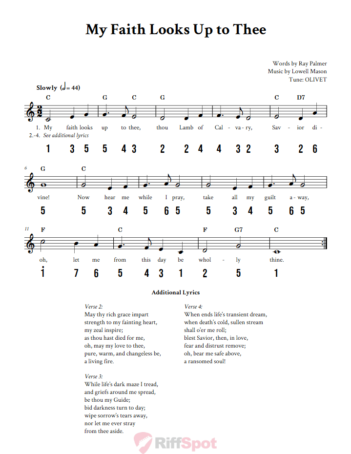 My Faith Looks Up to Thee Sheet Music and Tab for 8-Note Kalimba or Tongue Drum