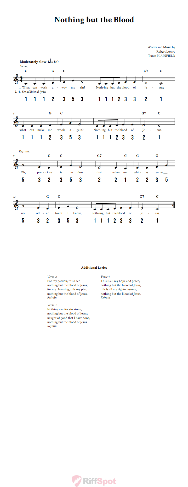 Nothing but the Blood Sheet Music and Tab for 8-Note Kalimba or Tongue Drum