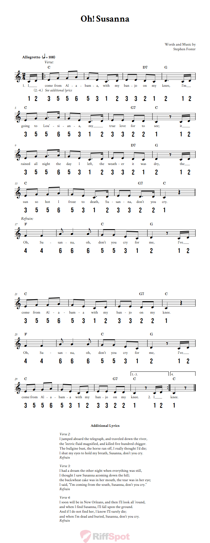 Oh! Susanna Sheet Music and Tab for 8-Note Kalimba or Tongue Drum