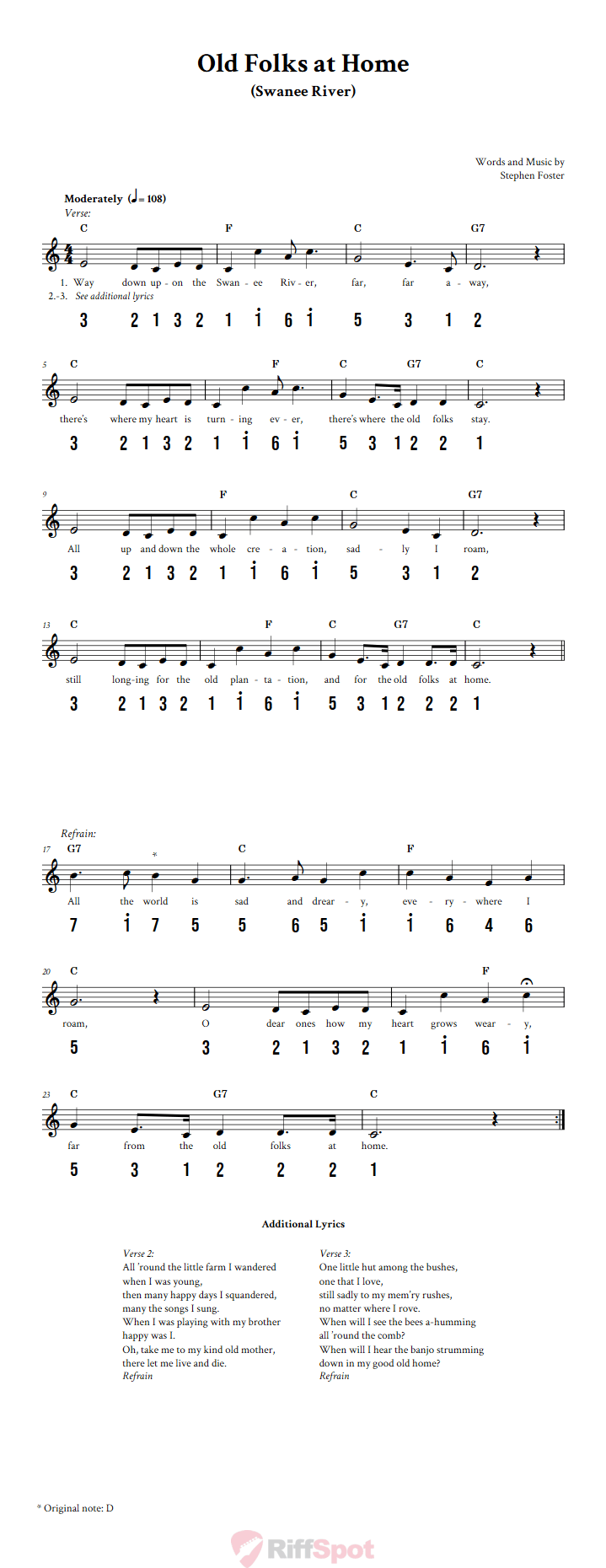 Old Folks at Home Sheet Music and Tab for 8-Note Kalimba or Tongue Drum