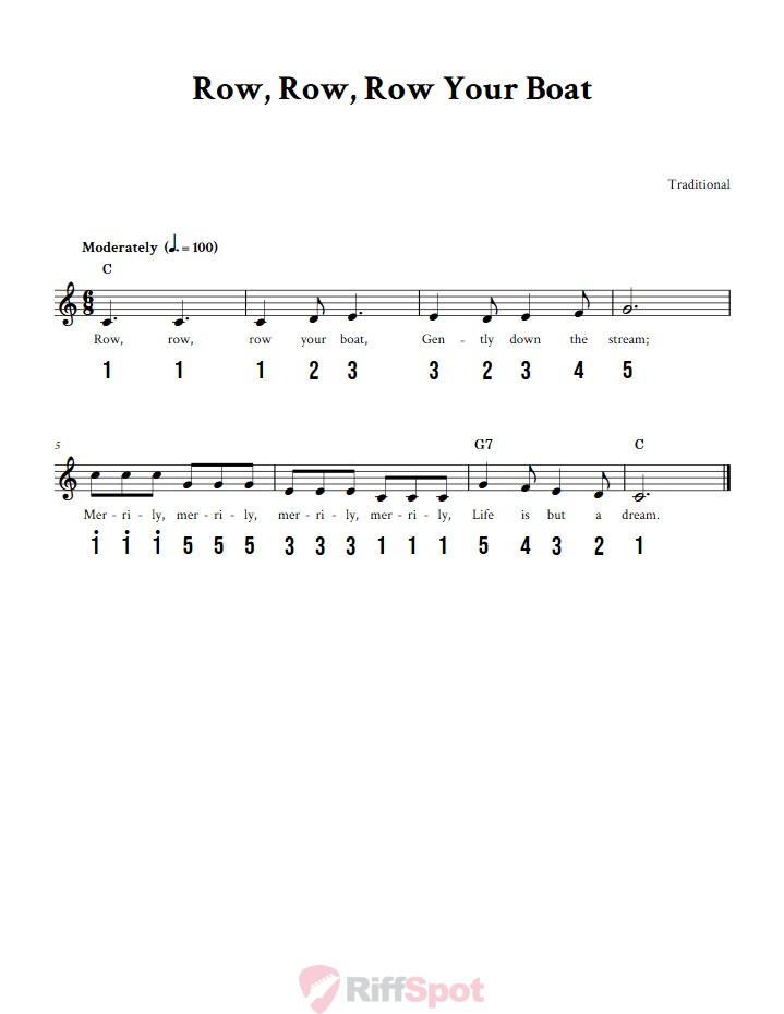 Row, Row, Row Your Boat Sheet Music and Tab for 8-Note Kalimba or Tongue Drum