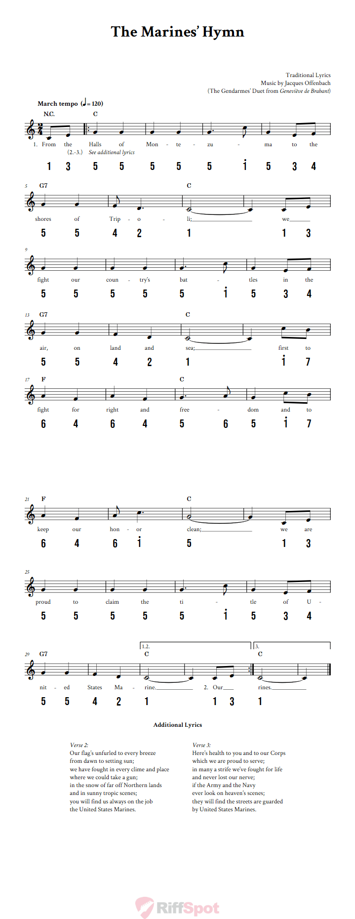The Marines' Hymn Sheet Music and Tab for 8-Note Kalimba or Tongue Drum