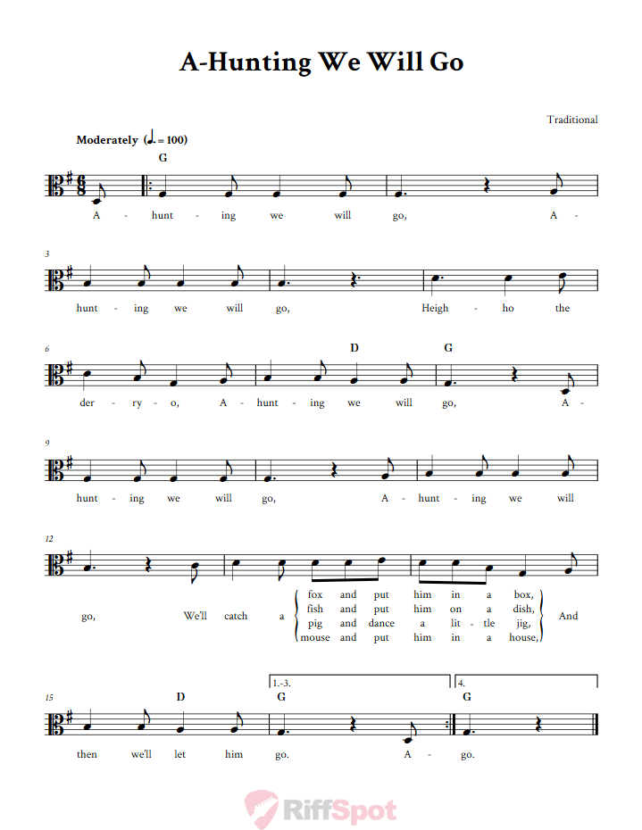 A-Hunting We Will Go Sheet Music for Viola and Other Alto Clef Instruments