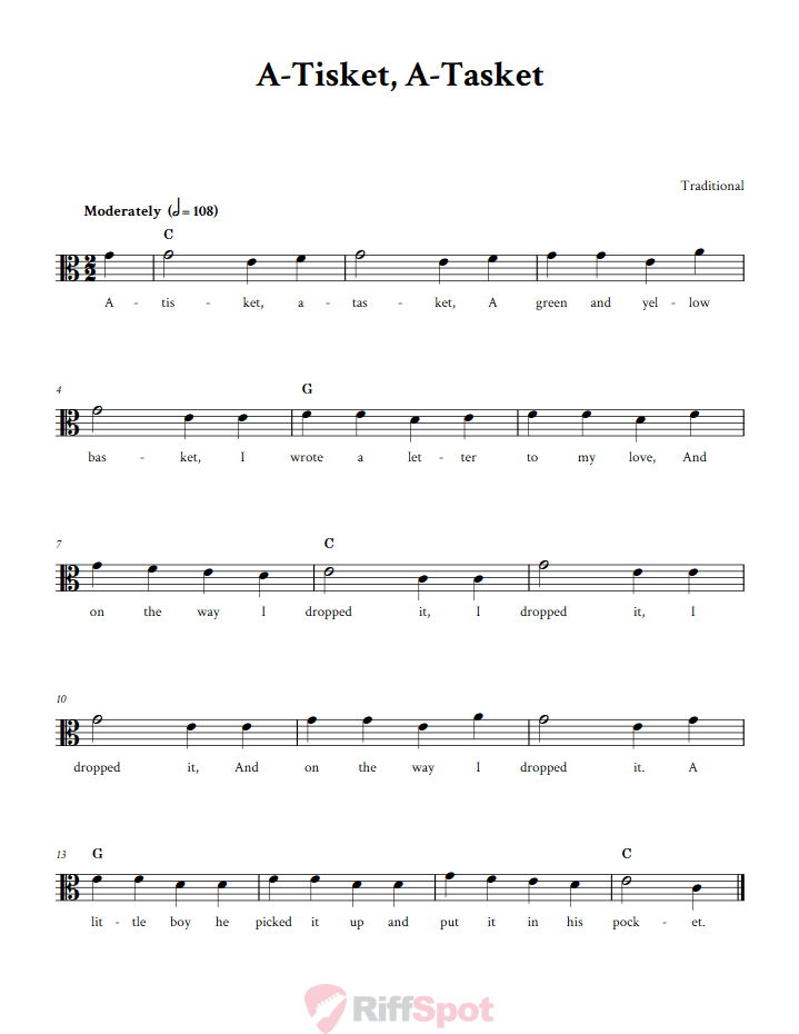 A-Tisket, A-Tasket Sheet Music for Viola and Other Alto Clef Instruments