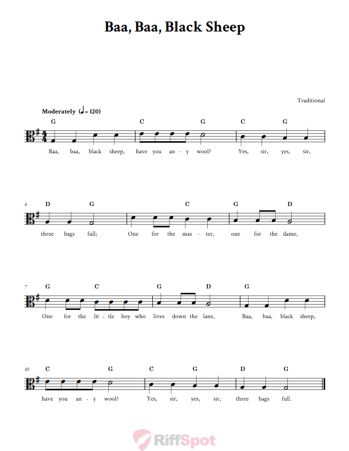 Baa, Baa, Black Sheep Sheet Music for Viola and Other Alto Clef Instruments