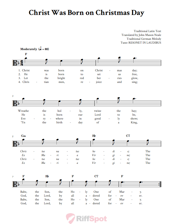 Christ Was Born on Christmas Day Alto Clef Sheet Music