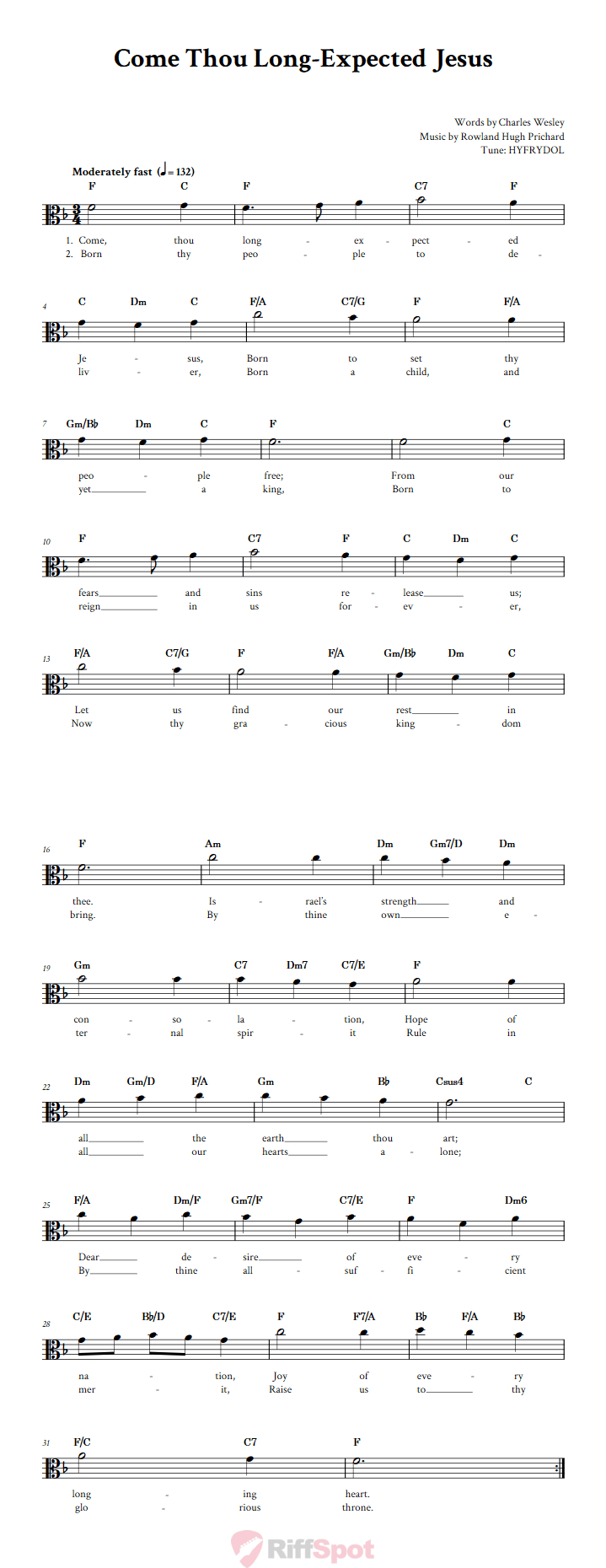 Come Thou Long-Expected Jesus Alto Clef Sheet Music