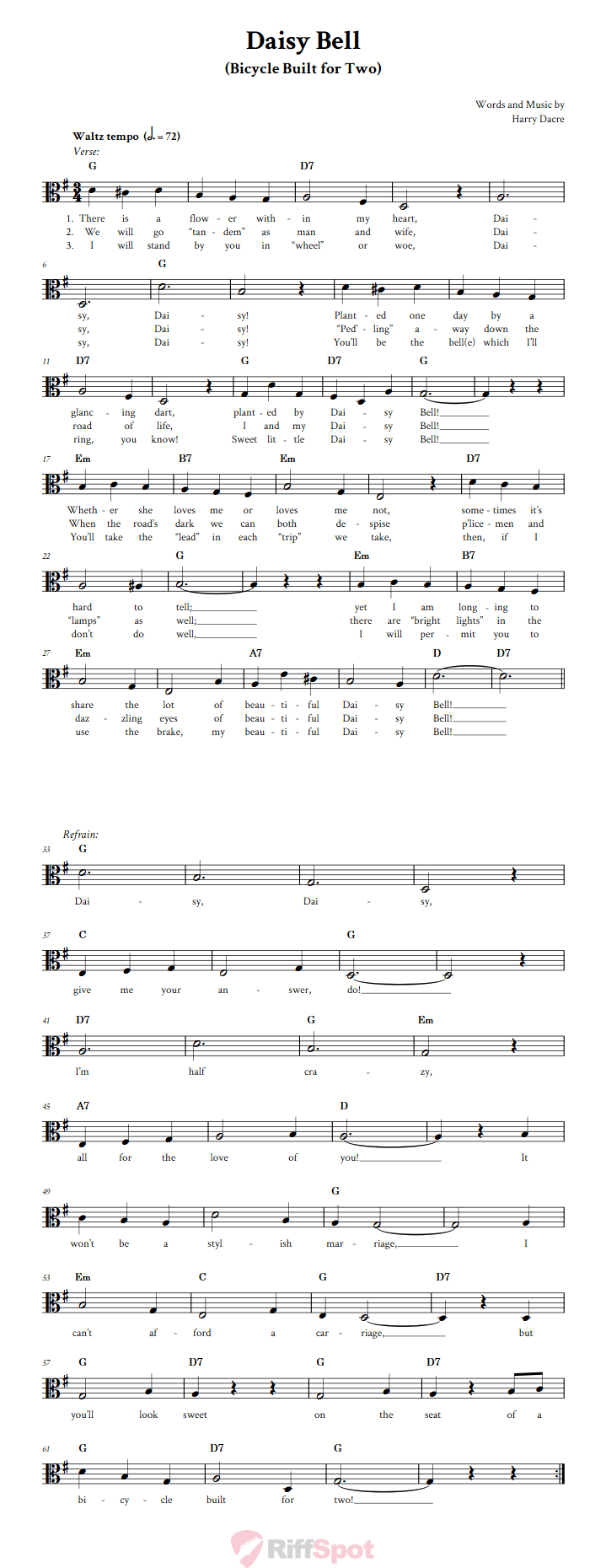 Daisy Bell Sheet Music for Viola and Other Alto Clef Instruments