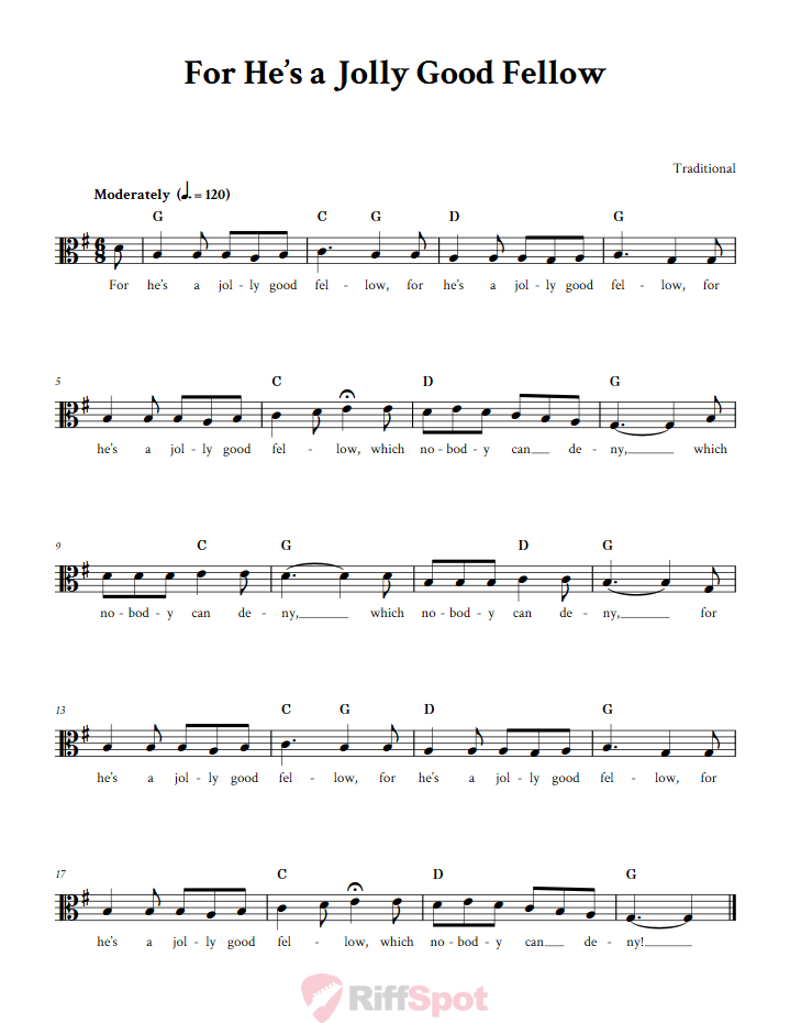 For He's a Jolly Good Fellow Sheet Music for Viola and Other Alto Clef Instruments
