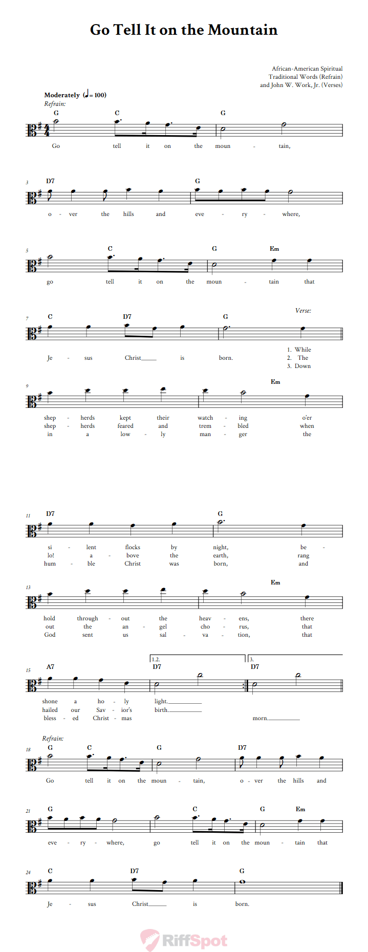 Go Tell It on the Mountain Alto Clef Sheet Music