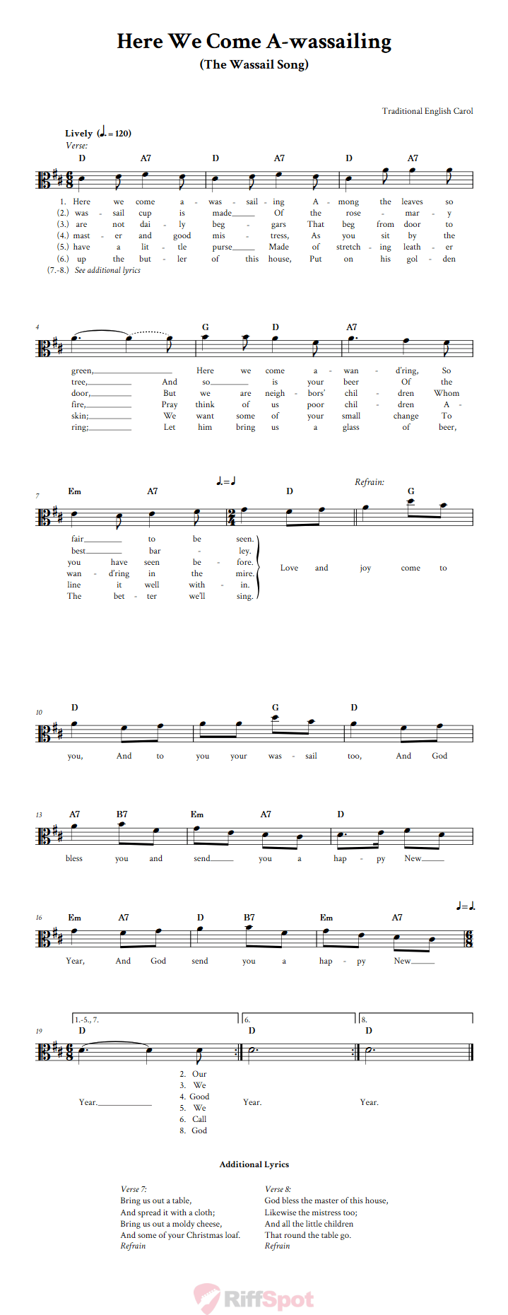 Here We Come A-wassailing Alto Clef Sheet Music