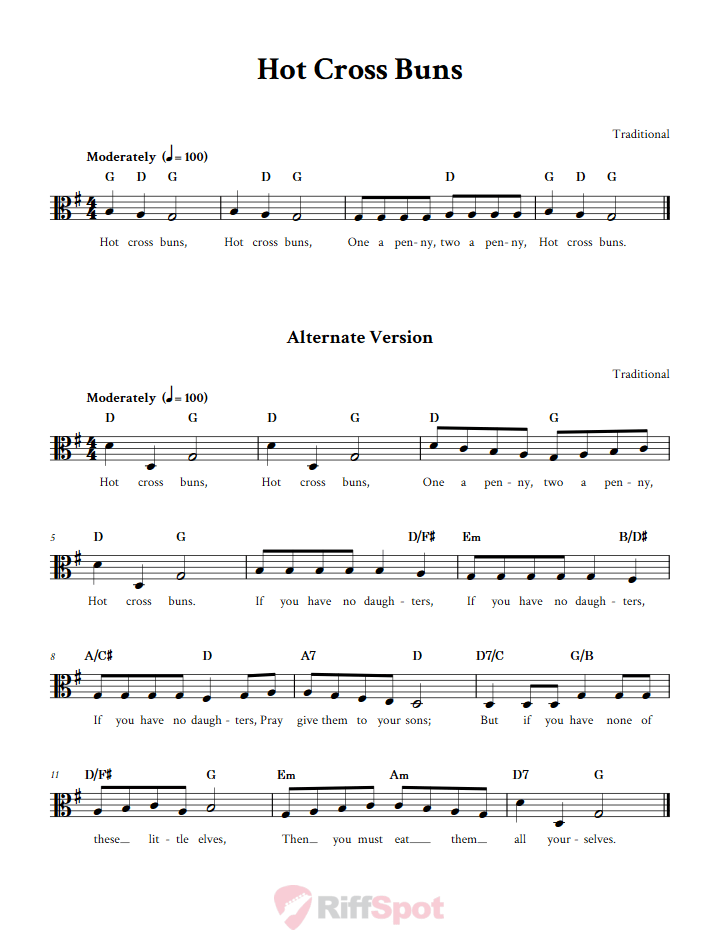 Hot Cross Buns Sheet Music for Viola and Other Alto Clef Instruments