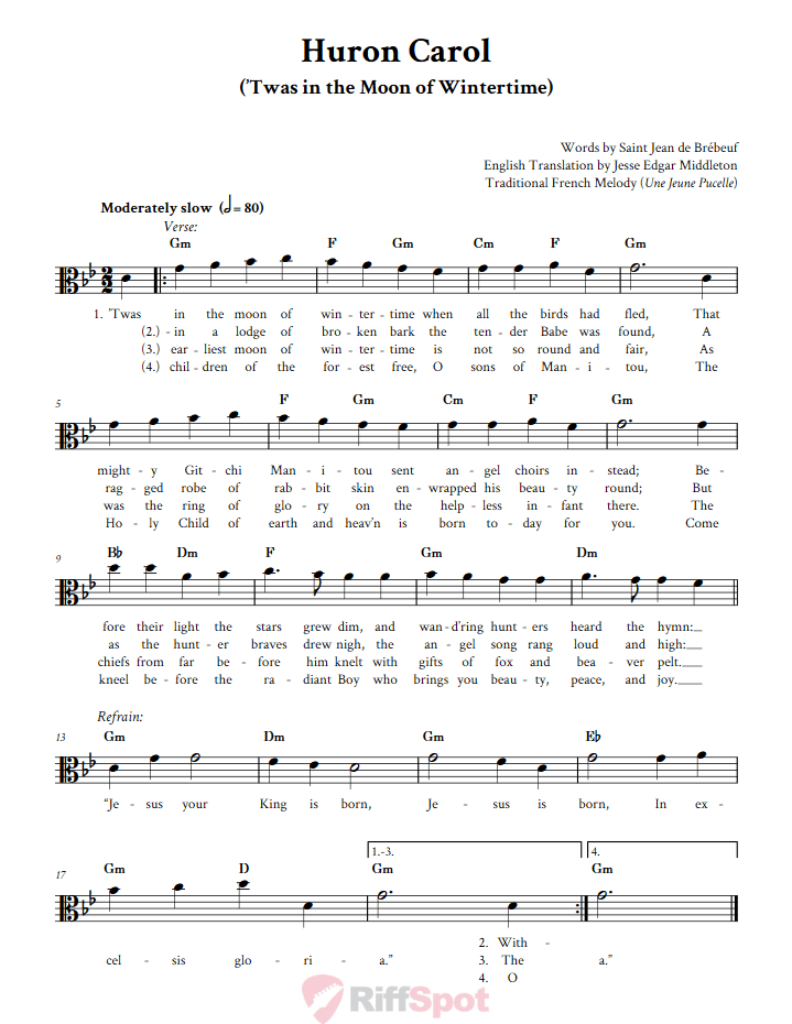 Huron Carol Alto Clef Sheet Music