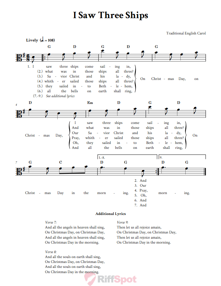 I Saw Three Ships Alto Clef Sheet Music