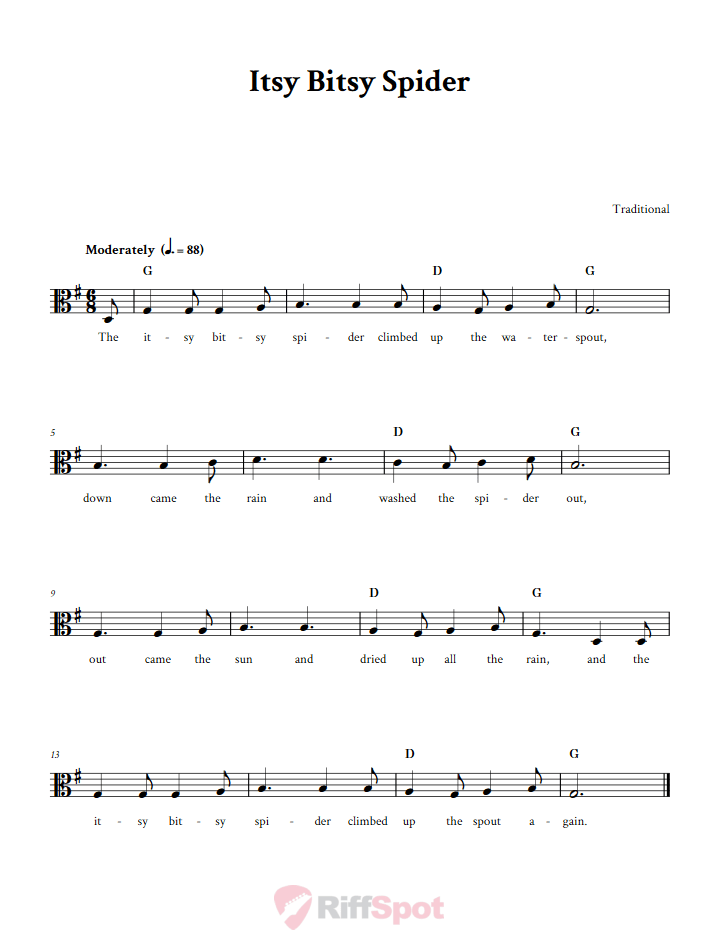 Itsy Bitsy Spider Sheet Music for Viola and Other Alto Clef Instruments