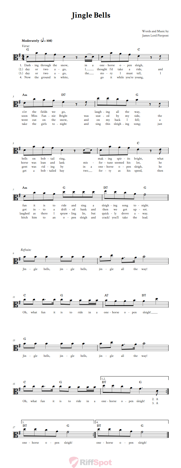 Jingle Bells Alto Clef Sheet Music
