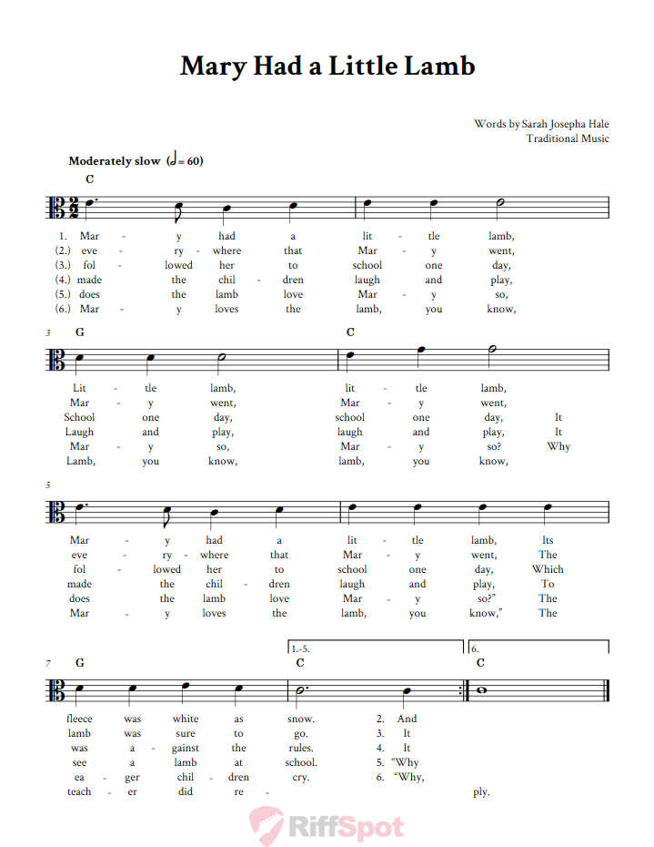 Mary Had a Little Lamb Sheet Music for Viola and Other Alto Clef Instruments