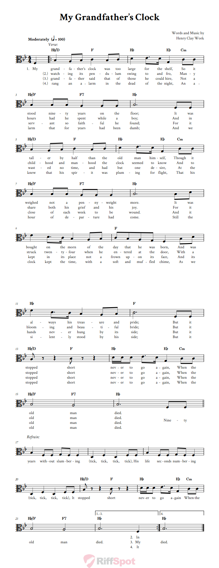My Grandfather's Clock Sheet Music for Viola and Other Alto Clef Instruments