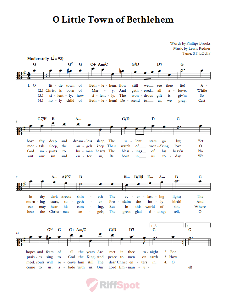O Little Town of Bethlehem Alto Clef Sheet Music