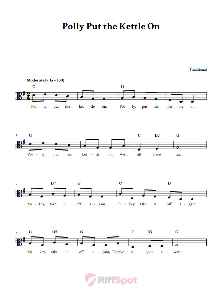 Polly Put the Kettle On Sheet Music for Viola and Other Alto Clef Instruments
