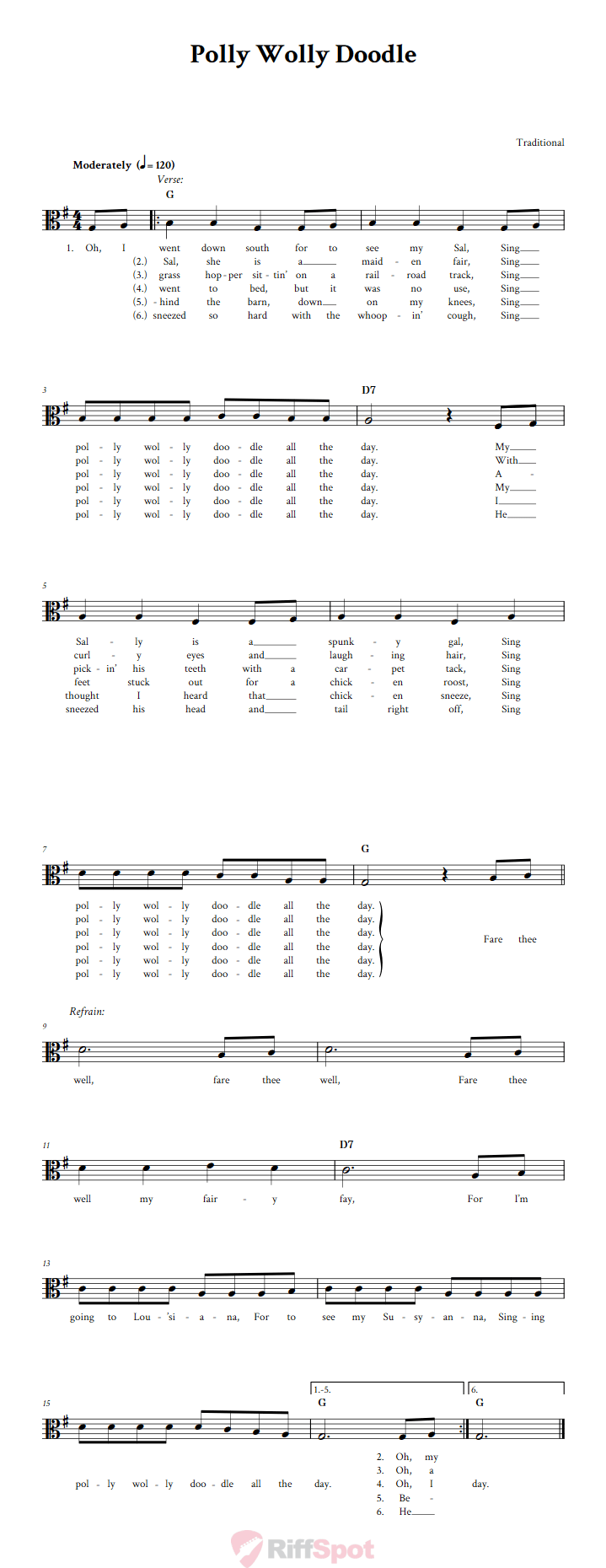 Polly Wolly Doodle Sheet Music for Viola and Other Alto Clef Instruments