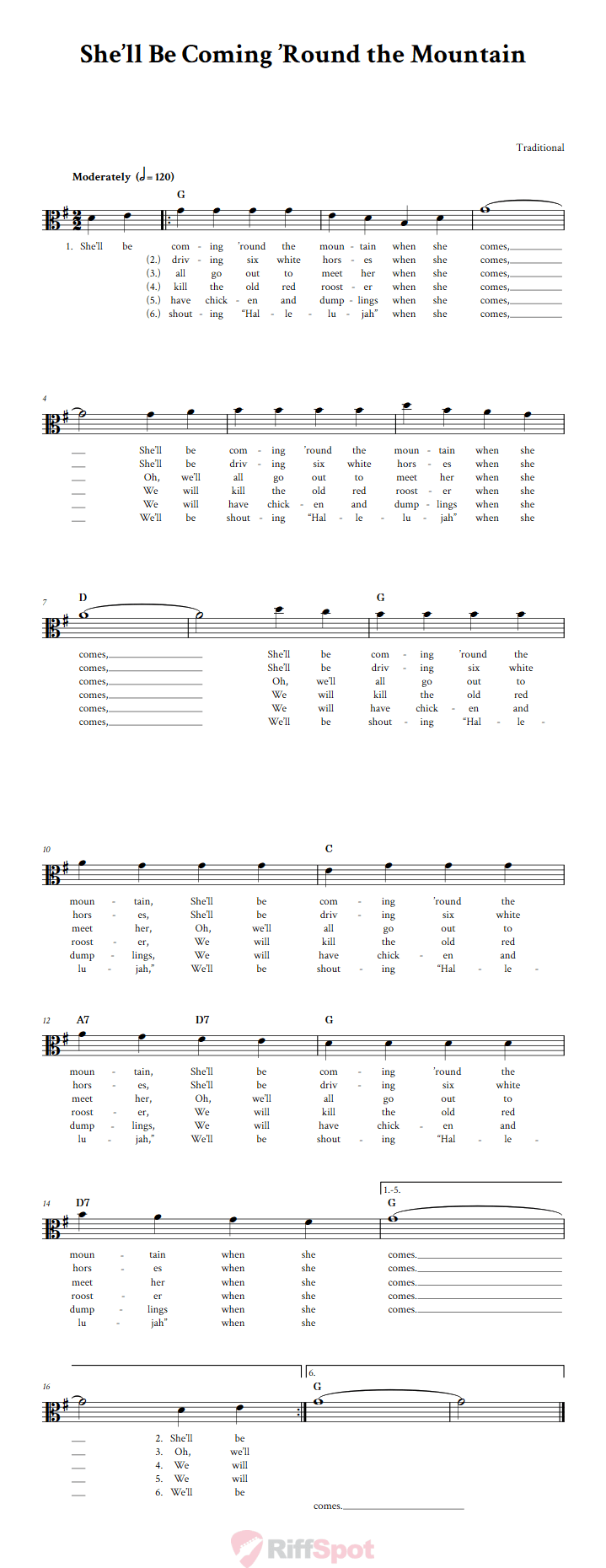 She'll Be Coming 'Round the Mountain Sheet Music for Viola and Other Alto Clef Instruments