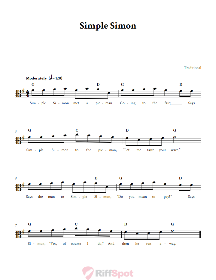 Simple Simon Sheet Music for Viola and Other Alto Clef Instruments