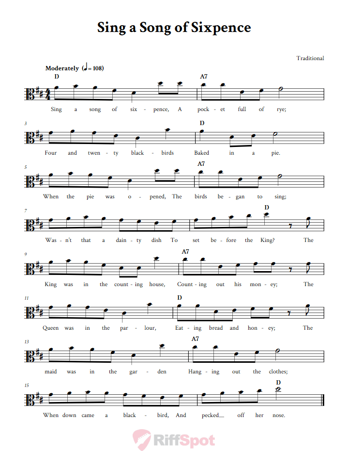 Sing a Song of Sixpence Sheet Music for Viola and Other Alto Clef Instruments