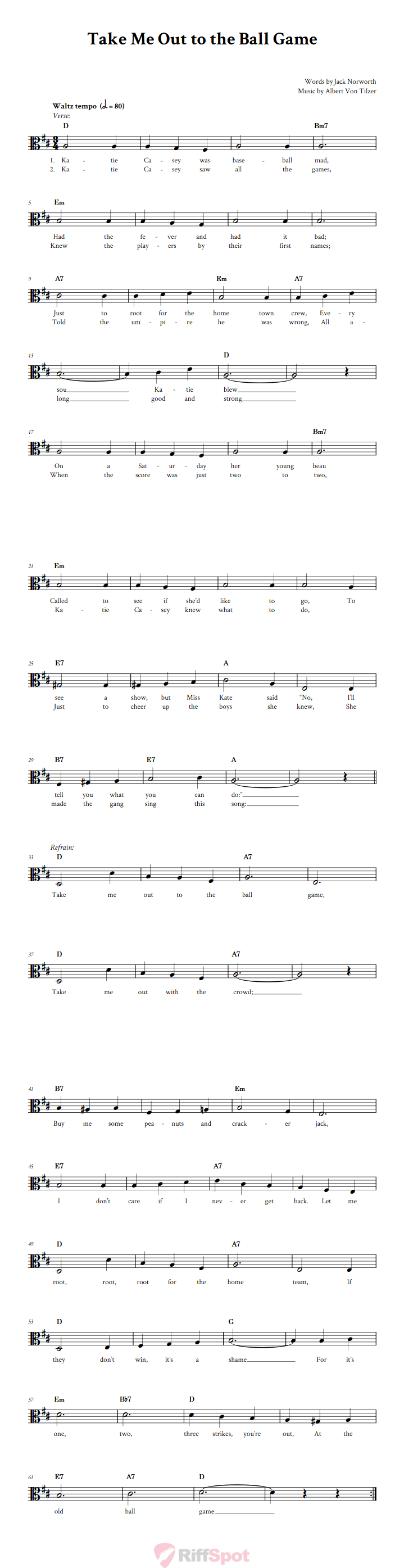 Take Me Out to the Ball Game Sheet Music for Viola and Other Alto Clef Instruments