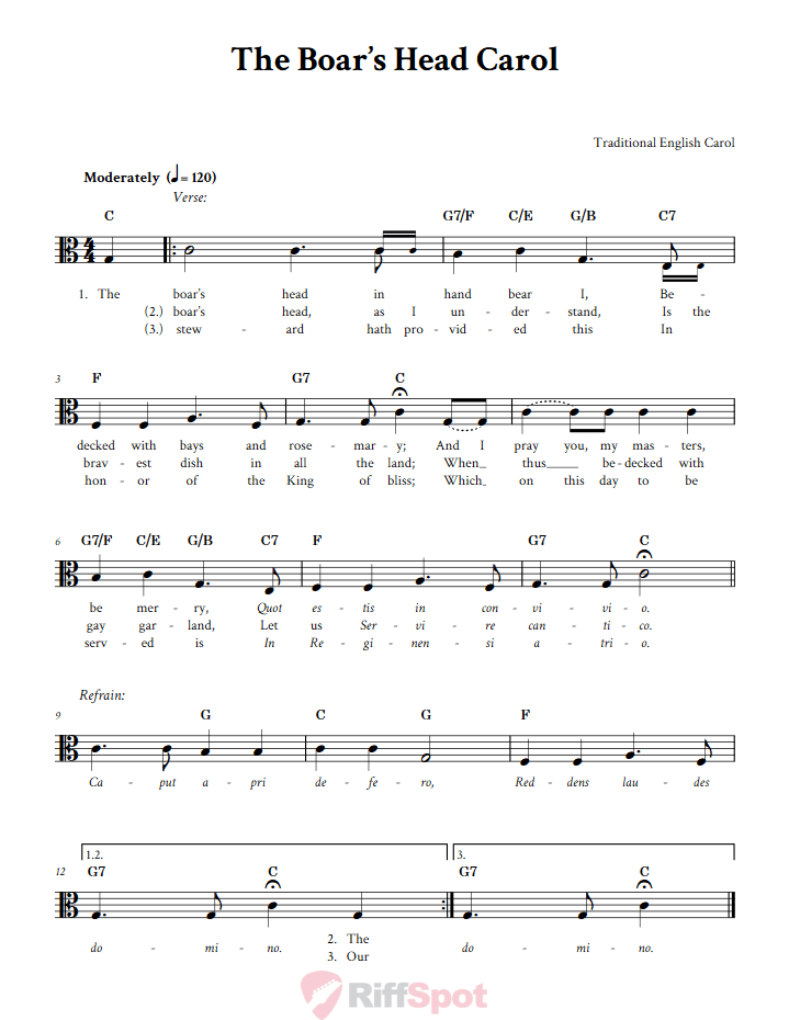 The Boar's Head Carol Alto Clef Sheet Music