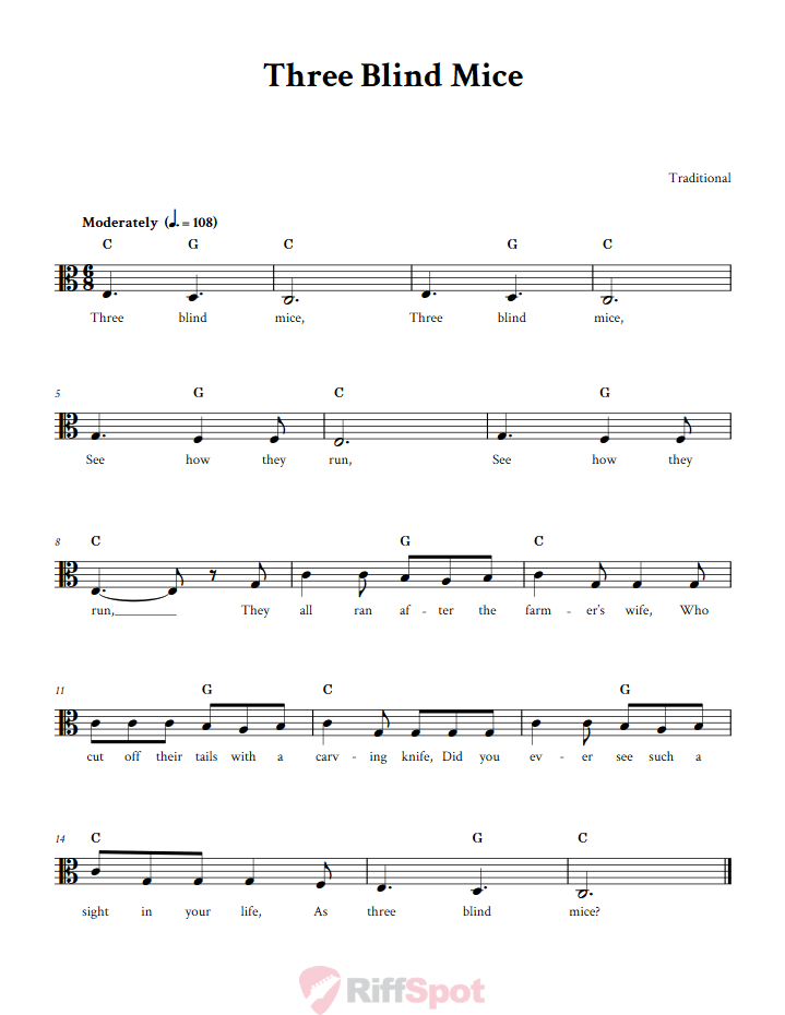 Three Blind Mice Sheet Music for Viola and Other Alto Clef Instruments