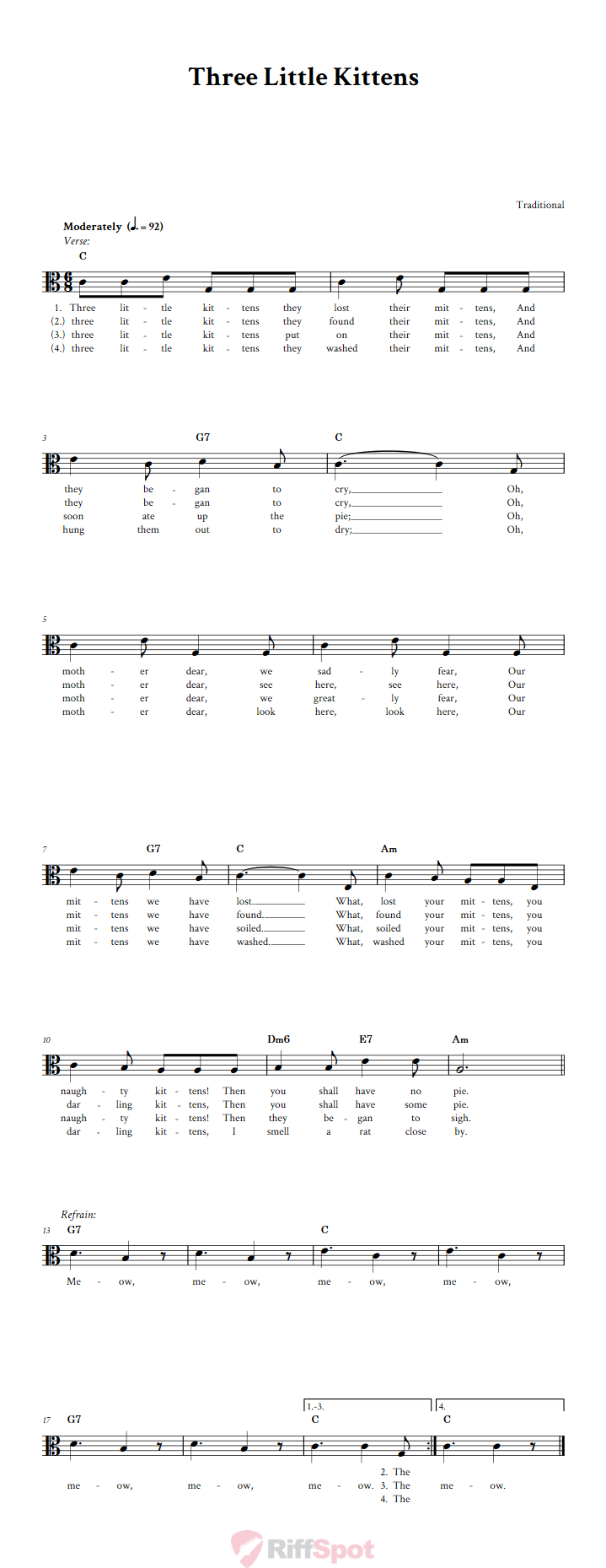 Three Little Kittens Sheet Music for Viola and Other Alto Clef Instruments