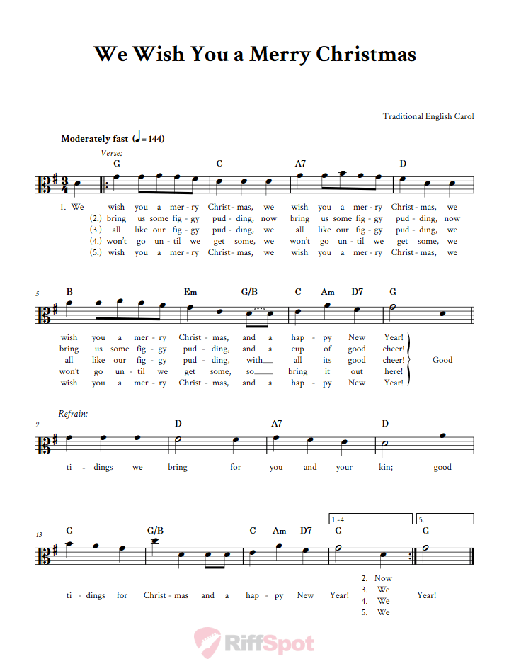 We Wish You a Merry Christmas Alto Clef Sheet Music